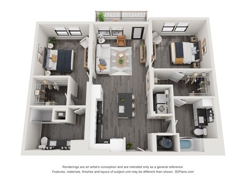 A 3D floor plan of a two-bedroom apartment with a living room, kitchen, and bathroom.